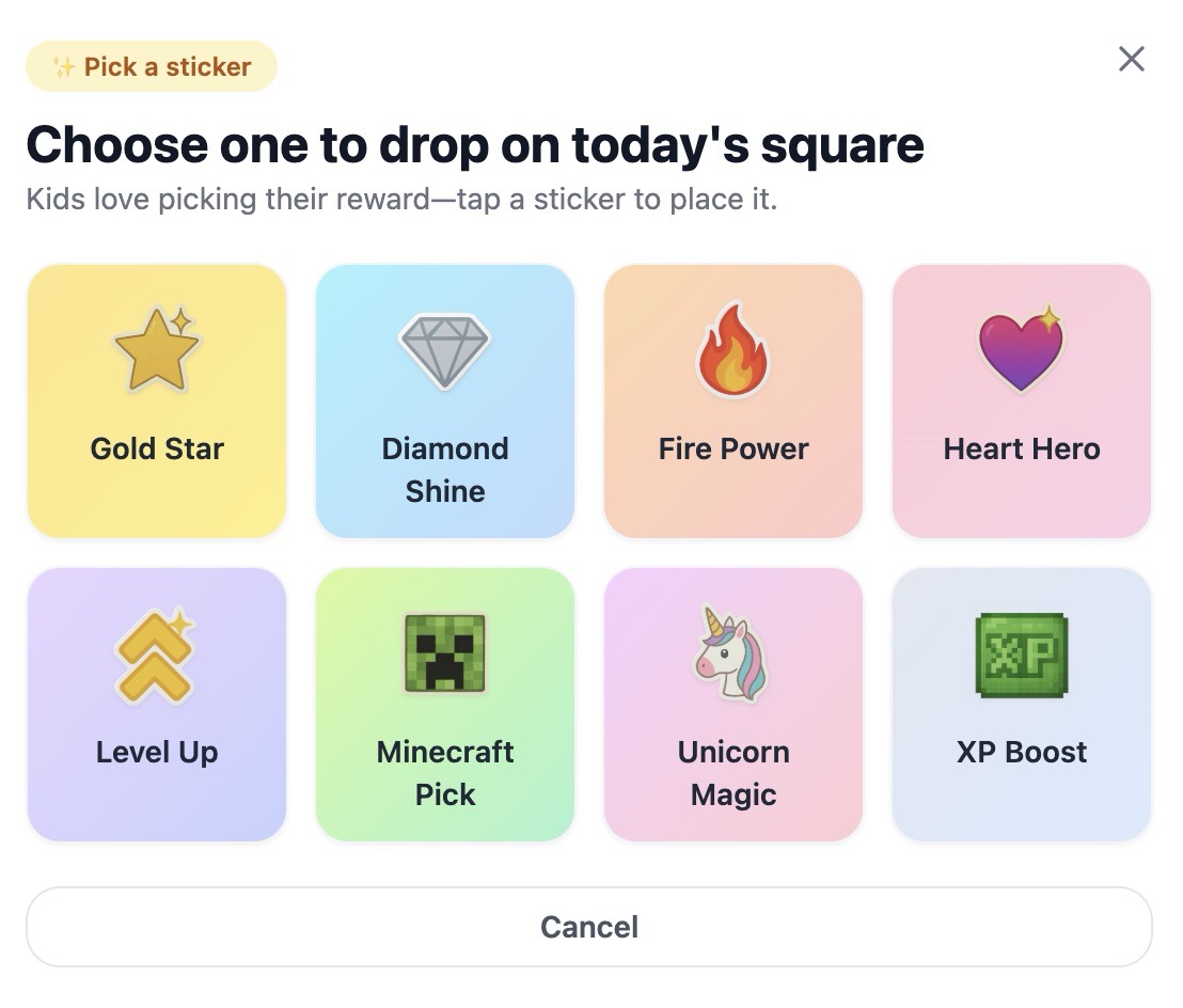 Sticker selection modal showing 8 different sticker options