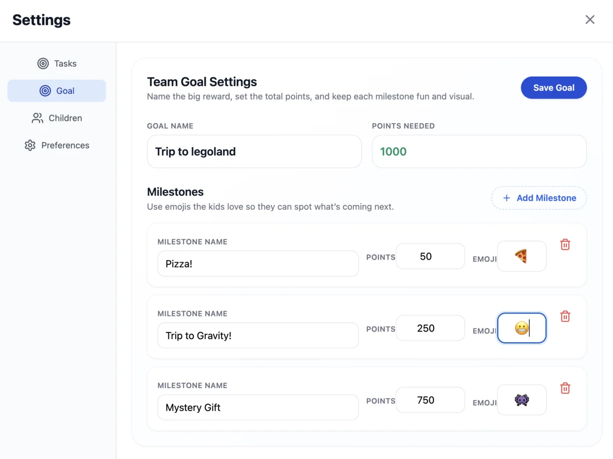Reward system settings interface
